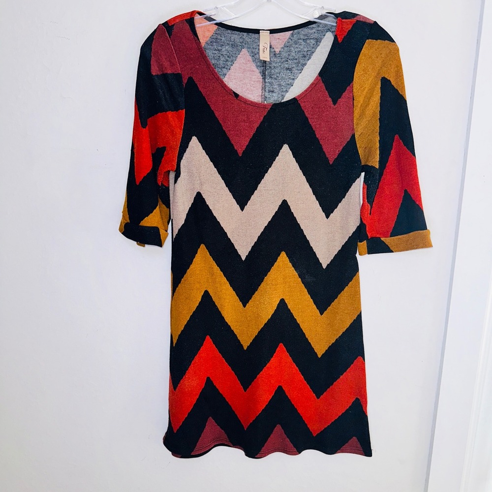 Trac USA Chevron Zigzag Mini Dress Multi-Color 3/4 Sleeve Size Medium